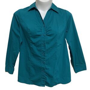 3/$30 Lane Bryant Blouse Top Womens 16 Teal Button Up Long Sleeve V-Neck